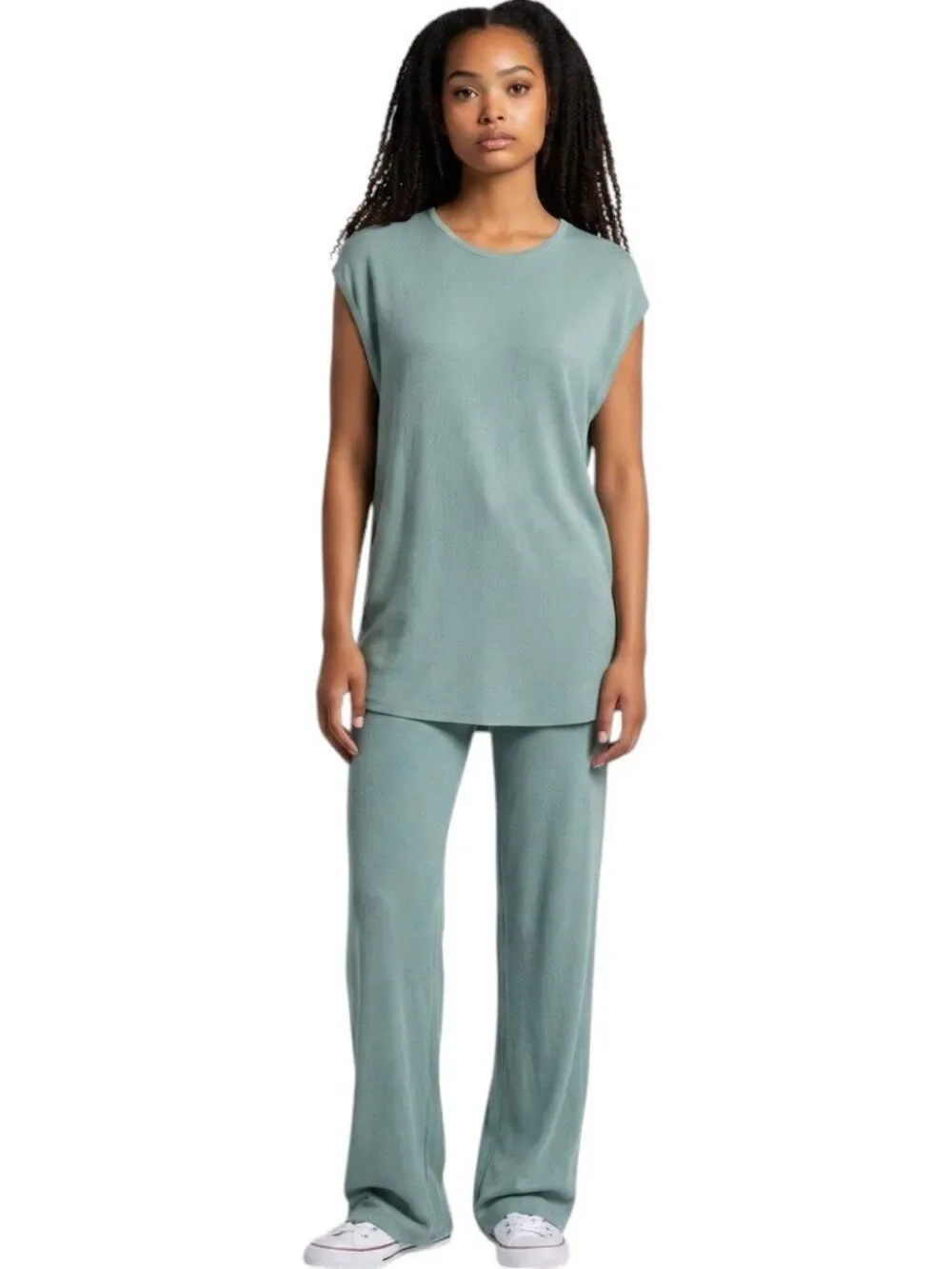 NWT Zara Ribbed Knit Matching Set Tunic Top S Wide Leg Pants M Turquoise Blue
